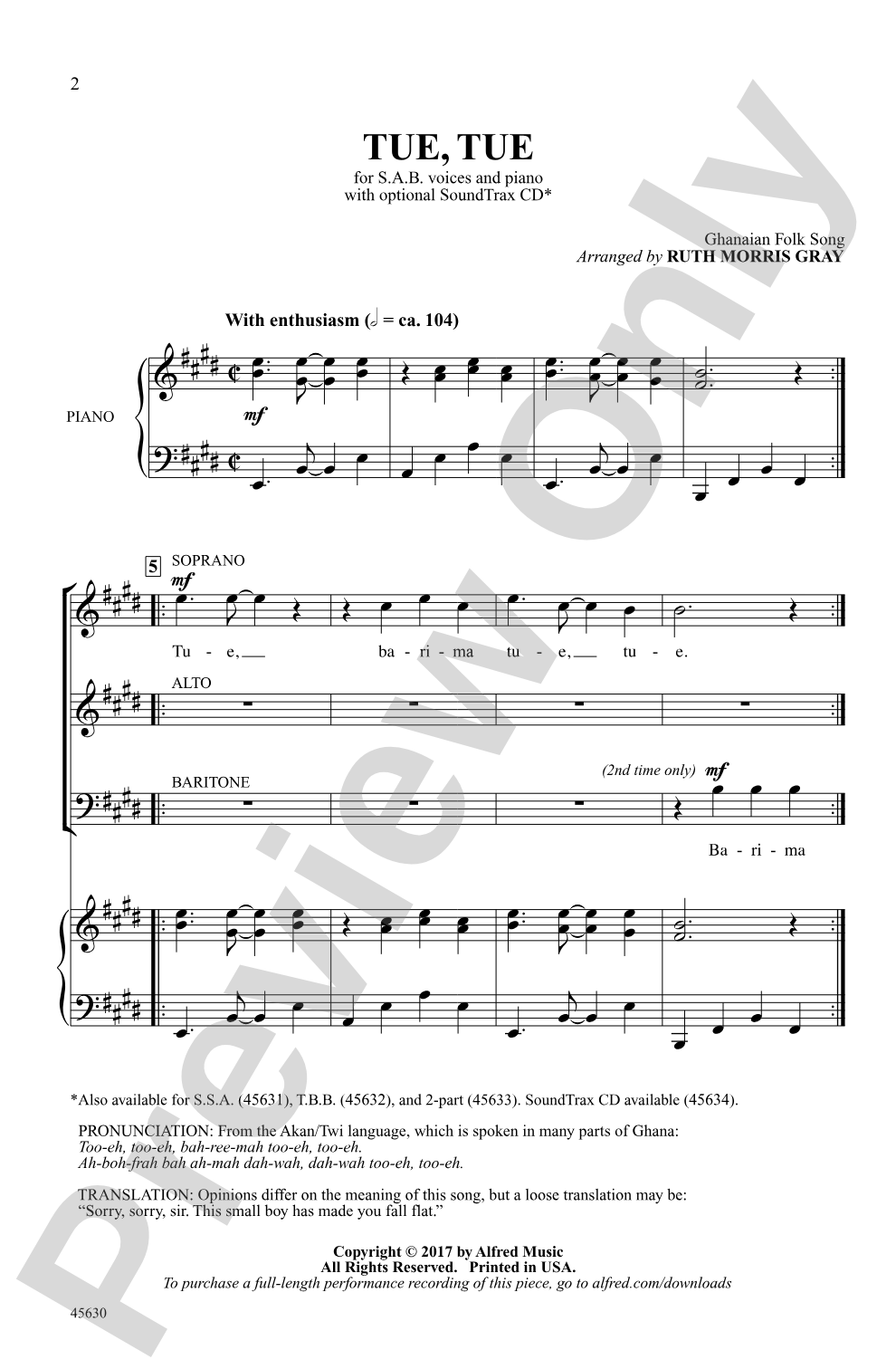 Tue, Tue: SAB Choral Octavo