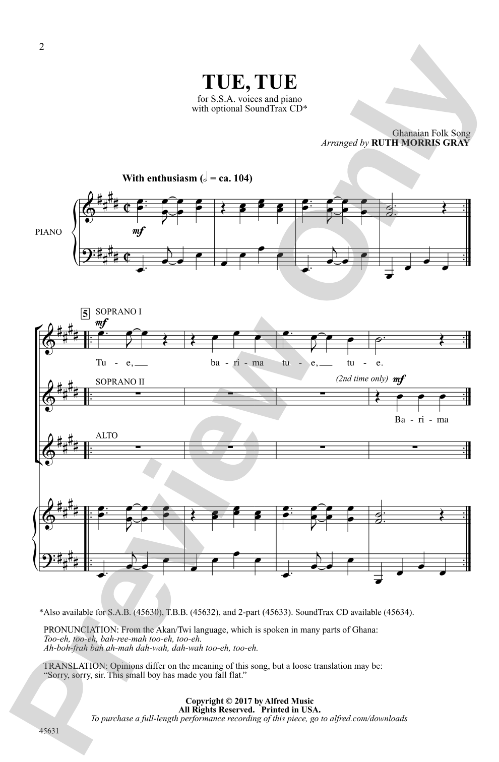 Tue, Tue: SSA Choral Octavo