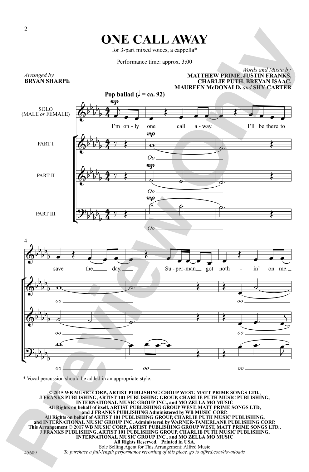 One Call Away: 3-Part Mixed, <i>a cappella</i> Choral Octavo