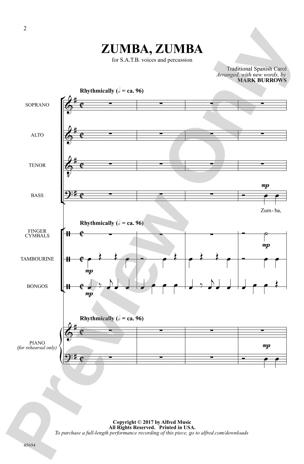 Zumba, Zumba: SATB, <i>a cappella</i> Choral Octavo