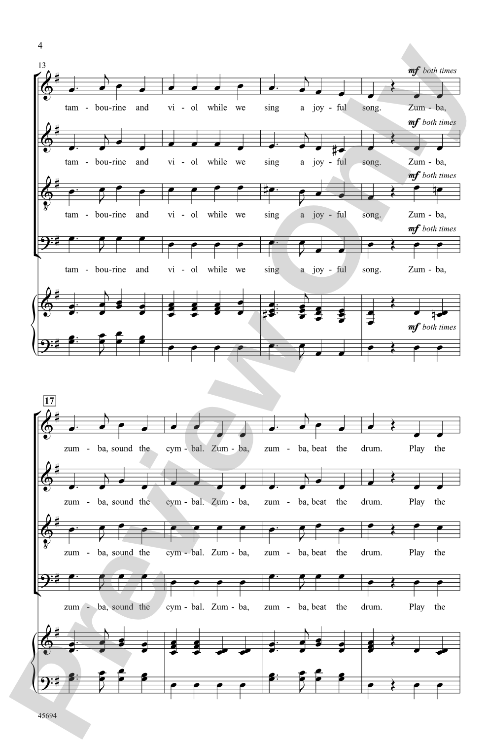 Zumba, Zumba: SATB, <i>a cappella</i> Choral Octavo