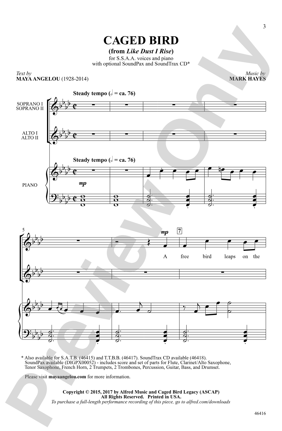 Caged Bird: SSAA Choral Octavo