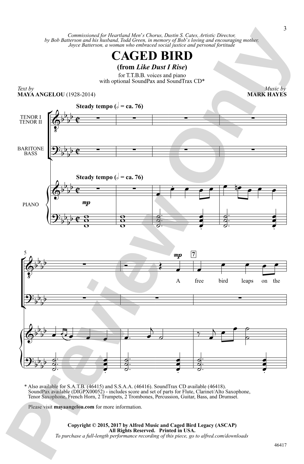 Caged Bird: TTBB Choral Octavo