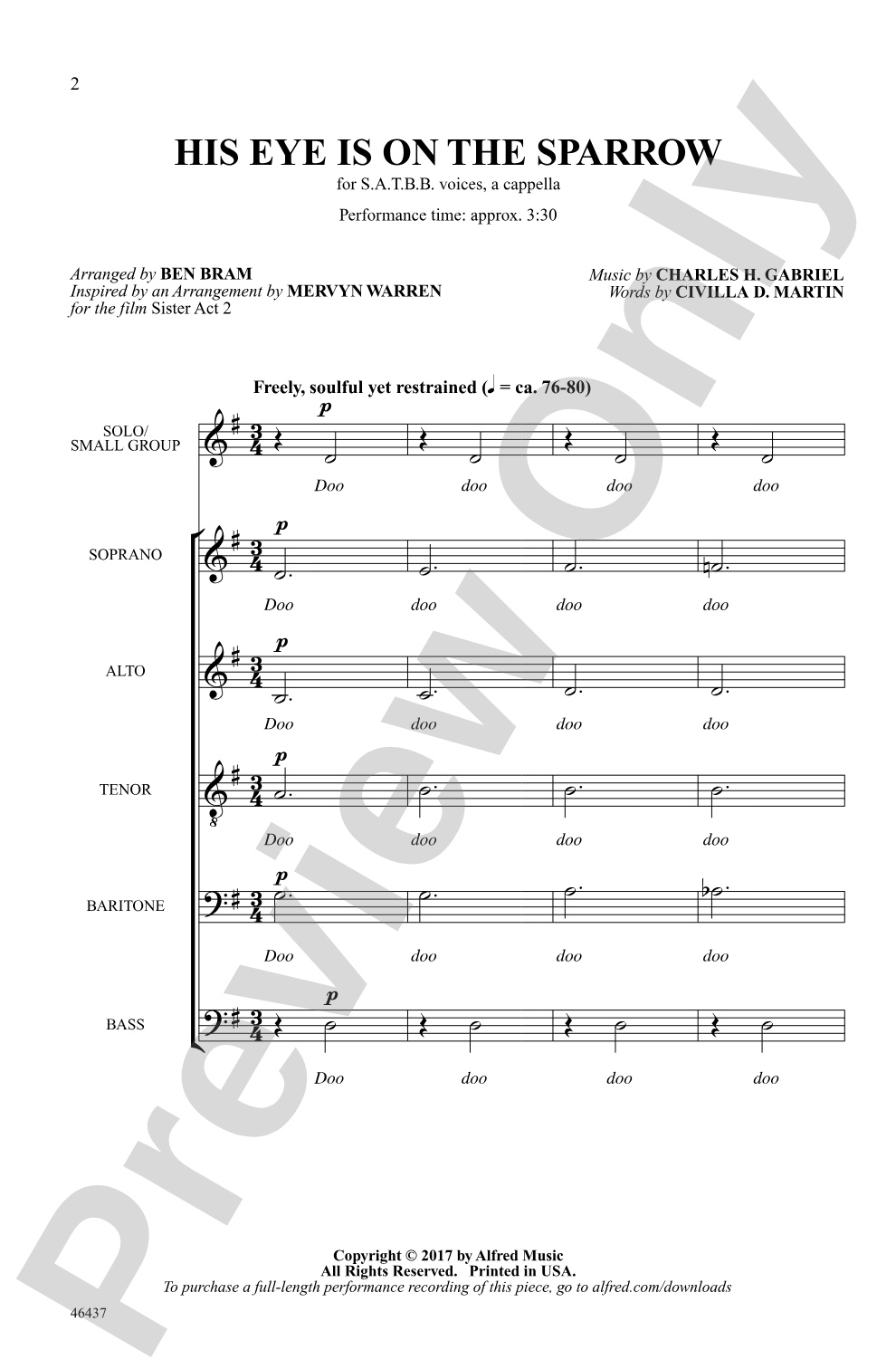 His Eye Is On the Sparrow: SATBB, <I>a cappella</I> Choral Octavo