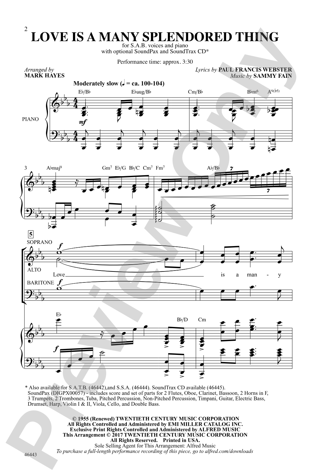 Love Is a Many Splendored Thing: SAB Choral Octavo