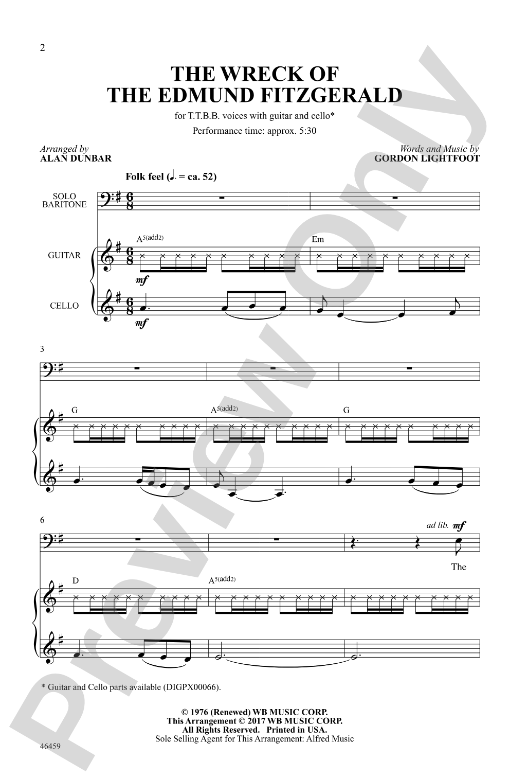 The Wreck of the Edmund Fitzgerald: TTBB Choral Octavo