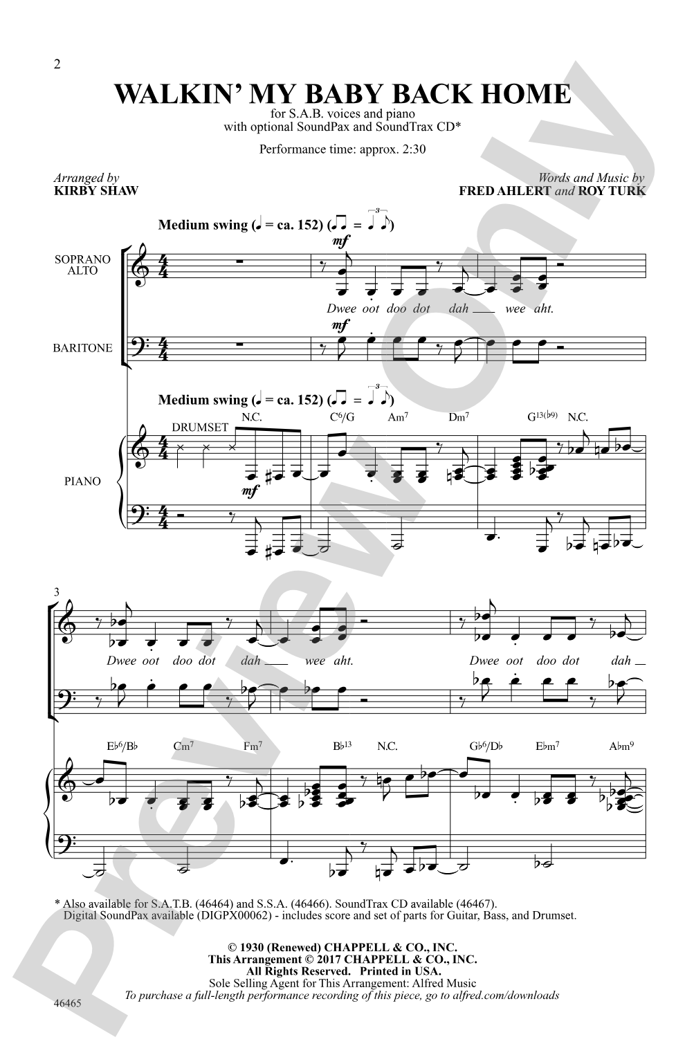Walkin' My Baby Back Home: SAB Choral Octavo