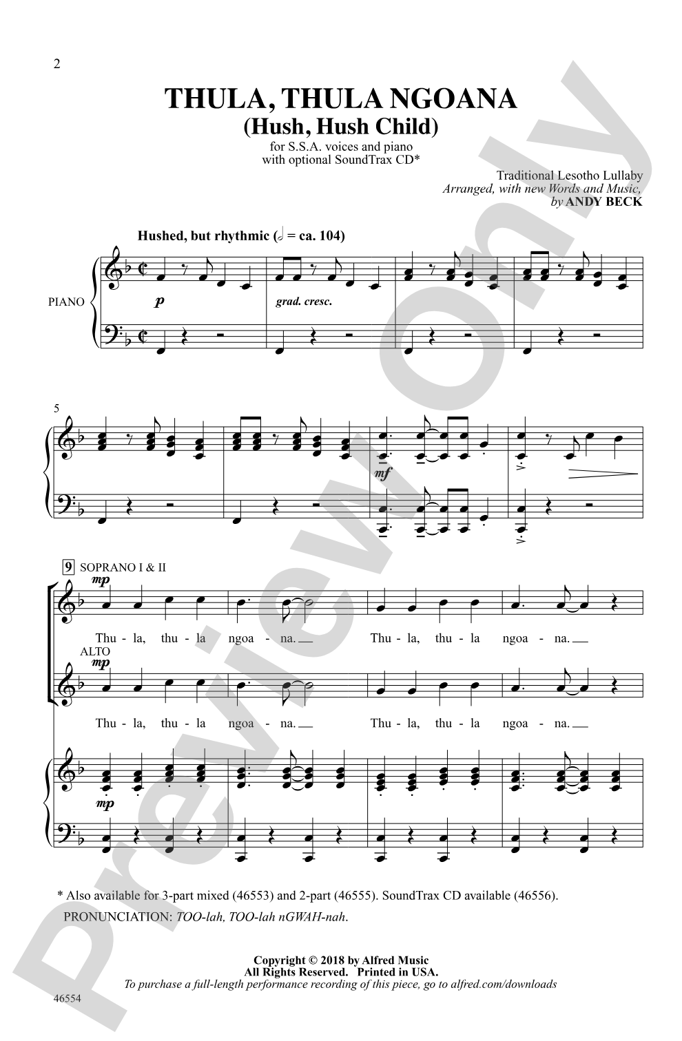 Thula, Thula Ngoana: SSA Choral Octavo