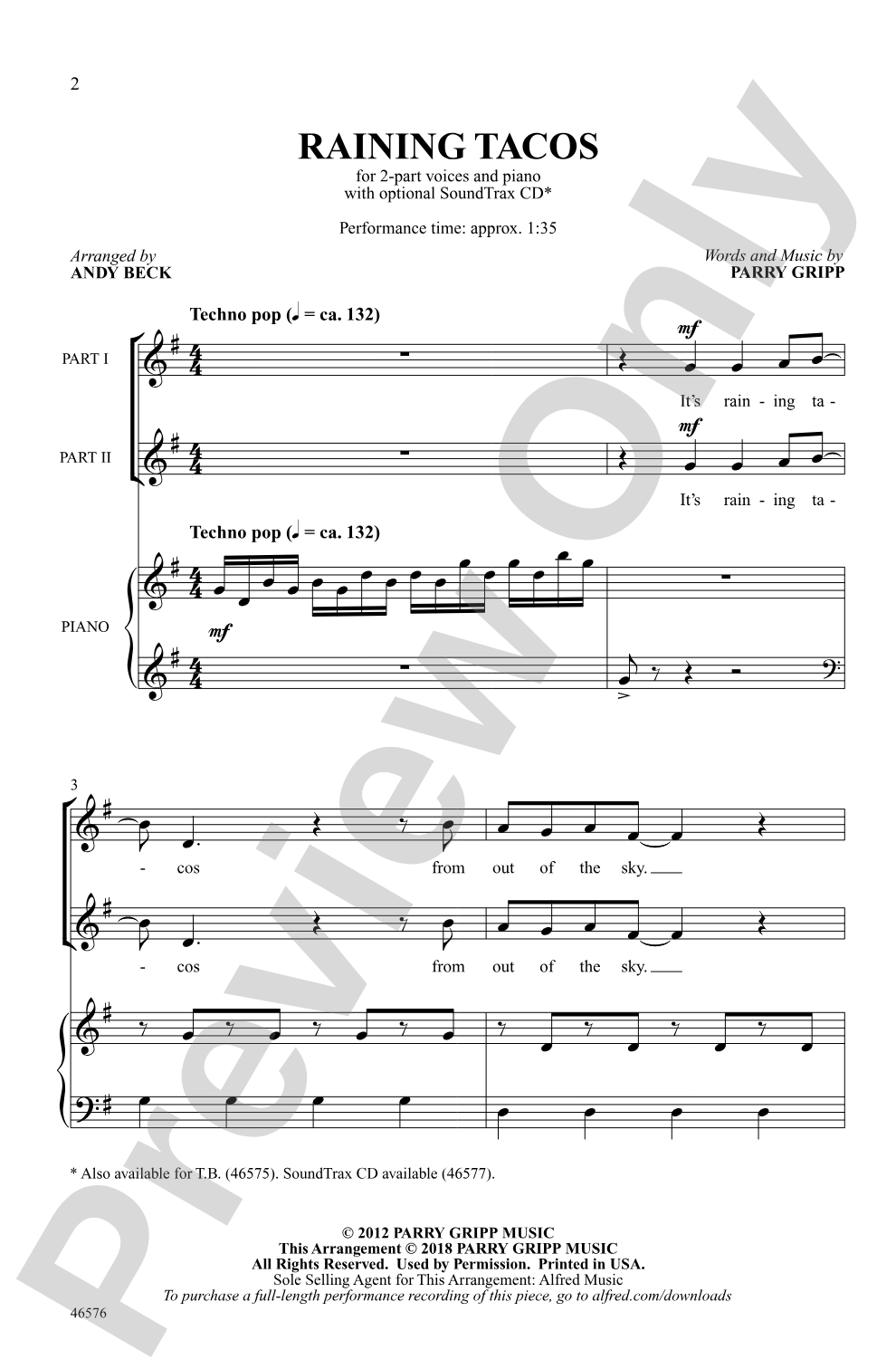 Raining Tacos: 2-Part Choral Octavo