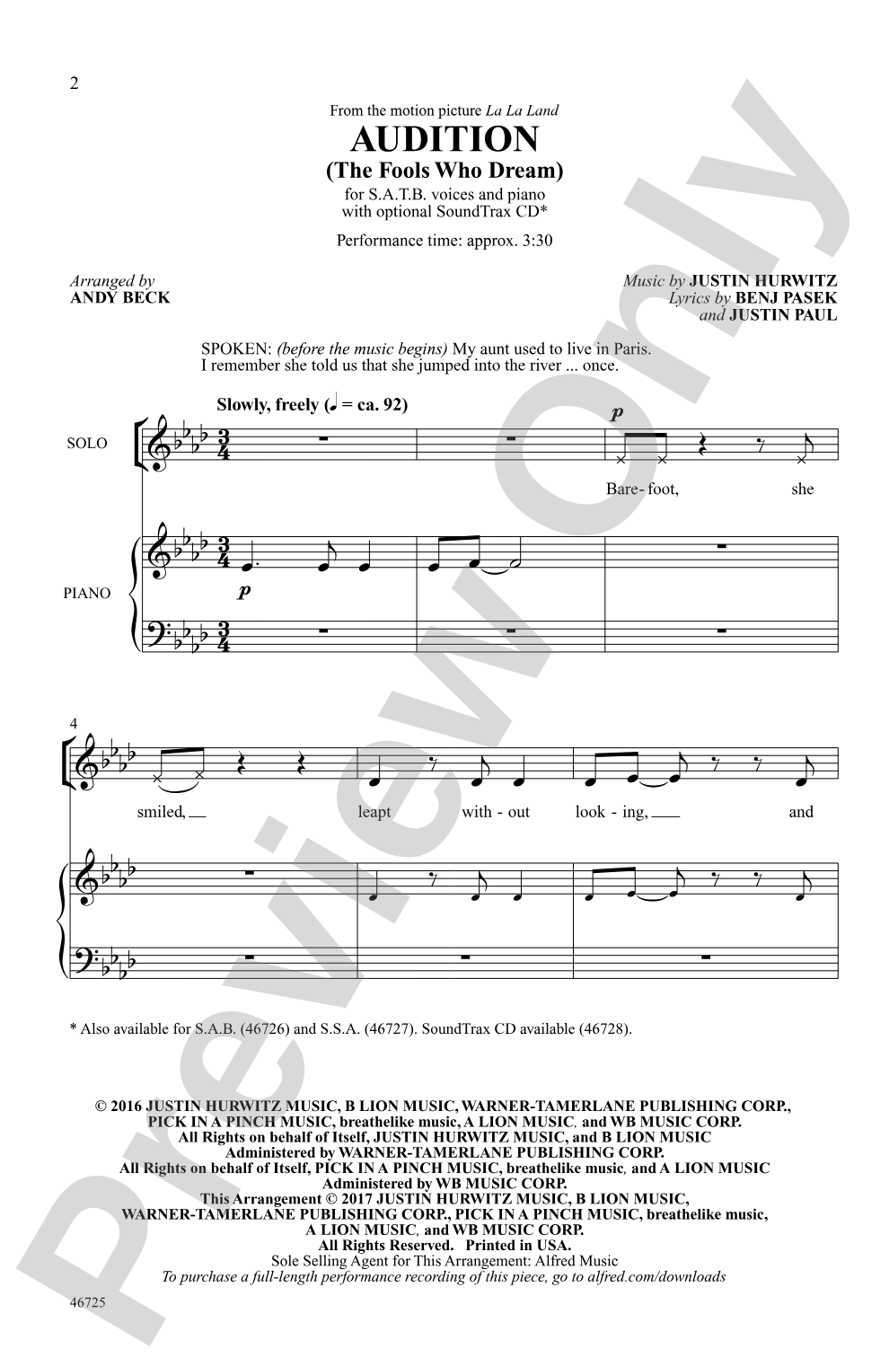 Audition (The Fools Who Dream): SATB Choral Octavo