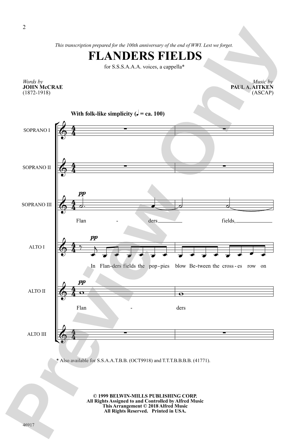 Flanders Fields: SSSAAA Choral Octavo
