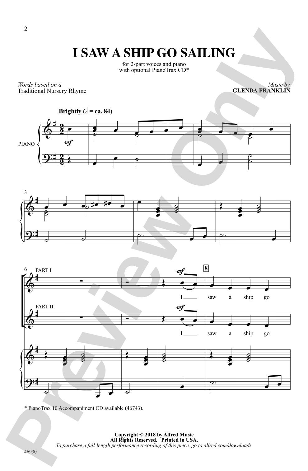 I Saw a Ship Go Sailing: 2-Part Choral Octavo