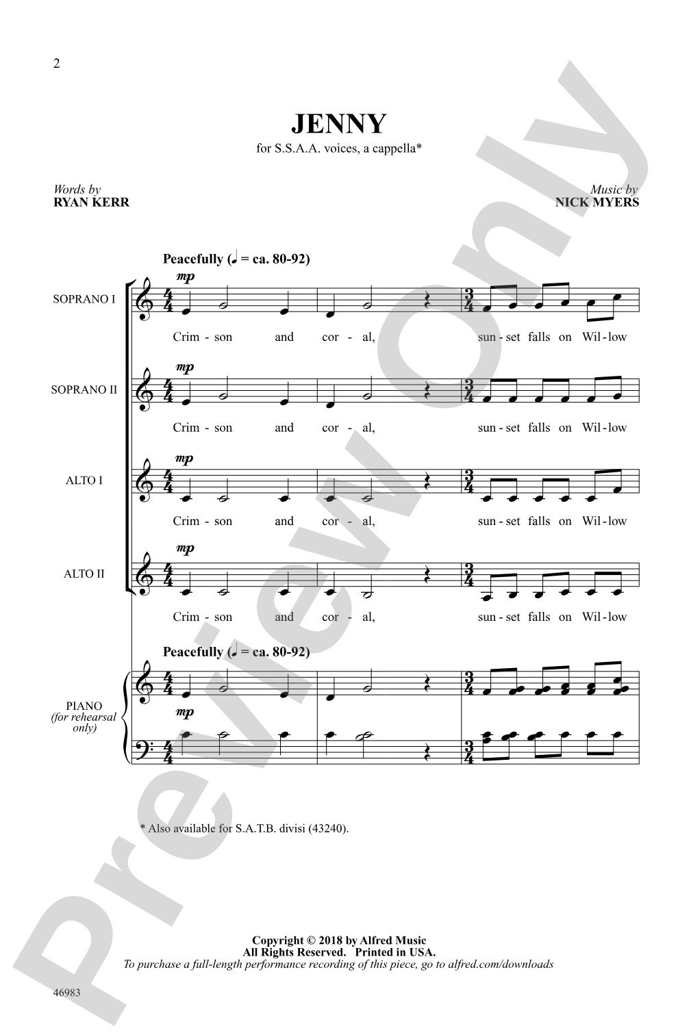 Jenny: SSAA, <i>a cappella</i> Choral Octavo