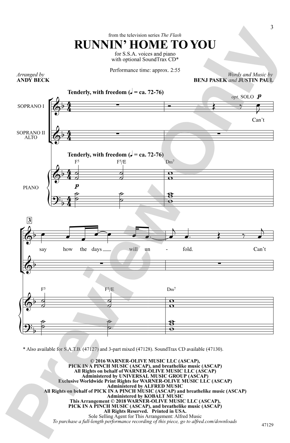 Runnin' Home to You: SSA Choral Octavo