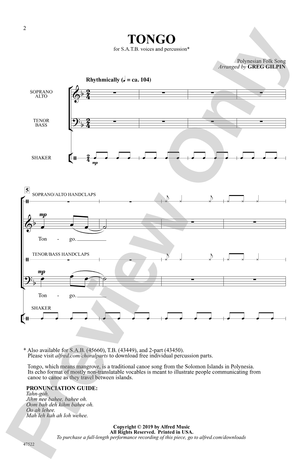 Tongo: SATB <i>a cappella</i> Choral Octavo