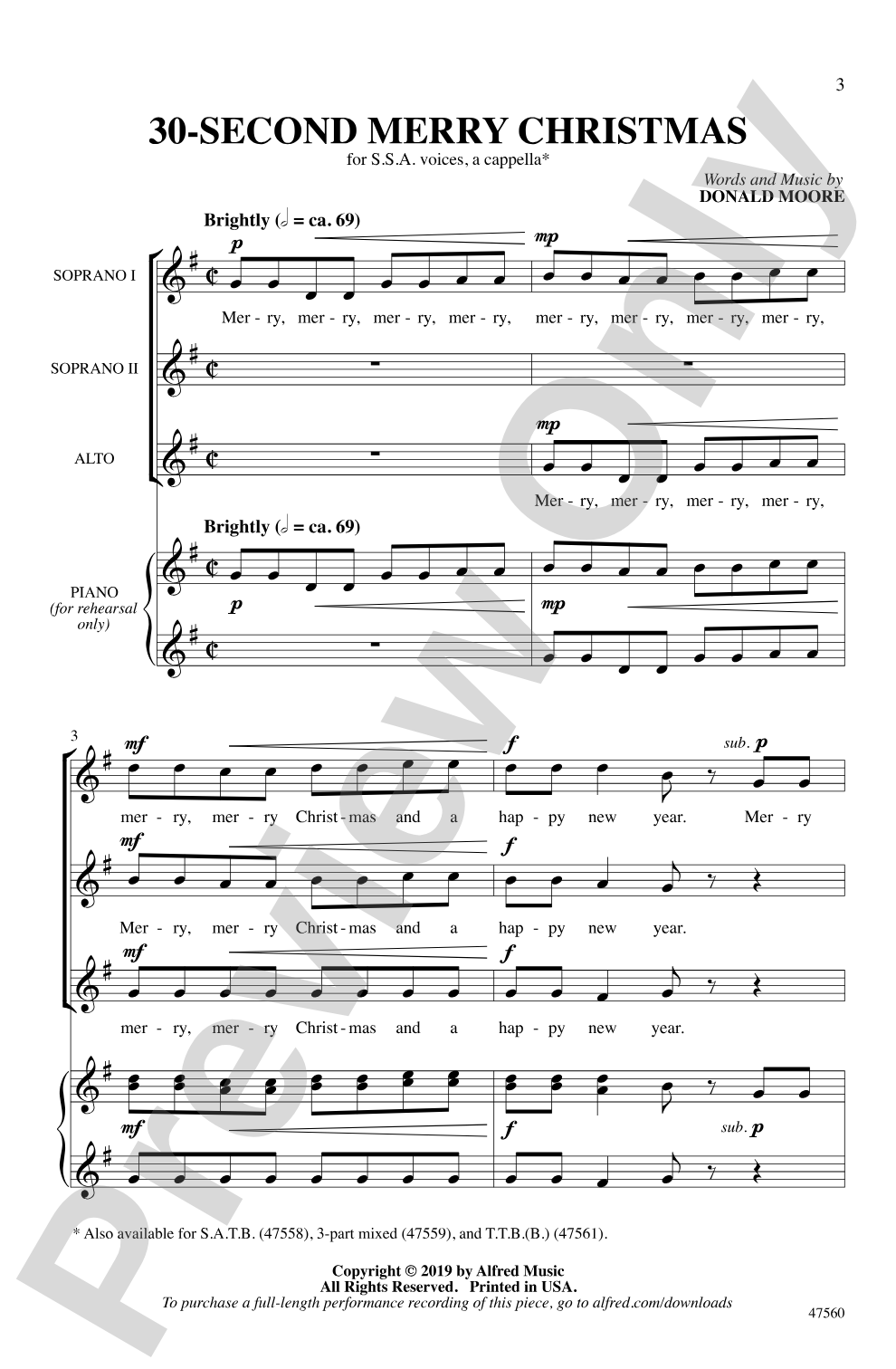 30-Second Merry Christmas: SSA, <I>a cappella</I> Choral Octavo