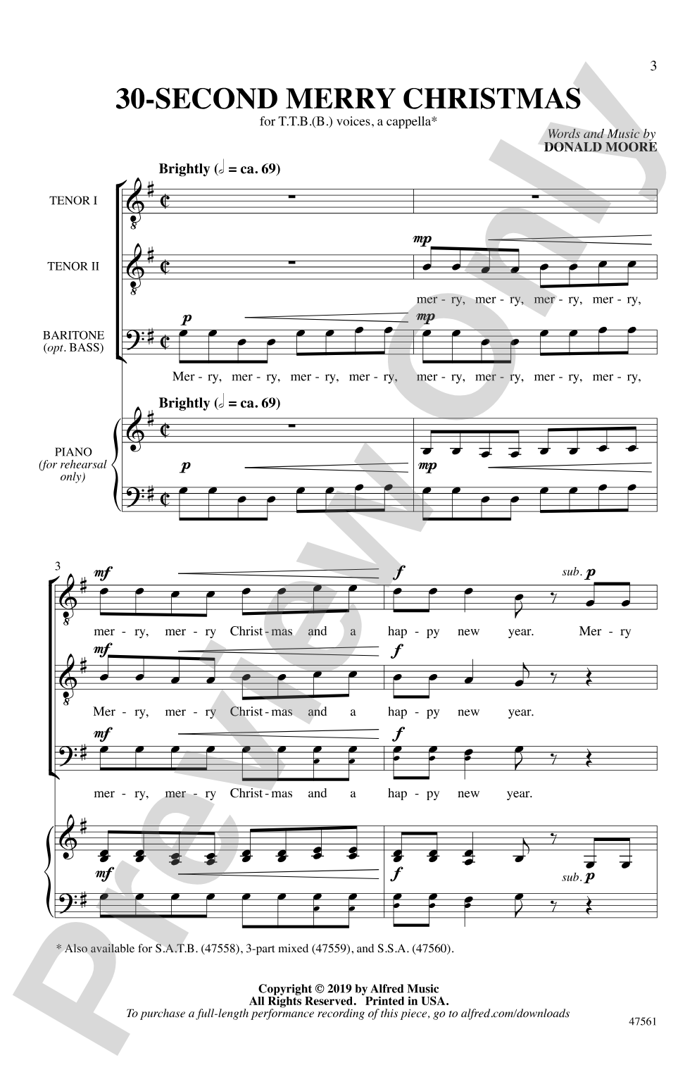 30-Second Merry Christmas: TTB(B), <i>a cappella</i> Choral Octavo