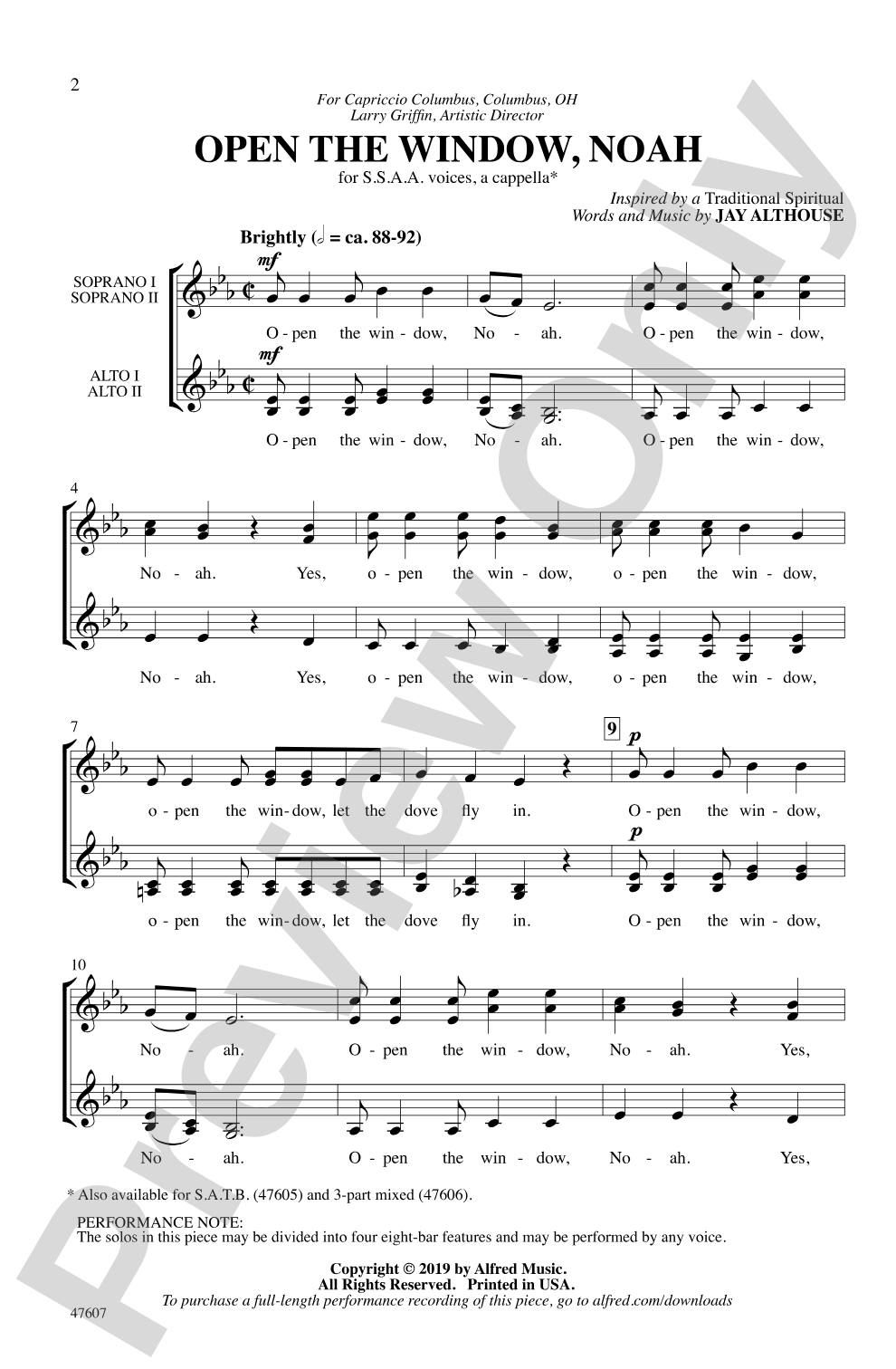 Open the Window, Noah: SSAA, <i>a cappella</i> Choral Octavo
