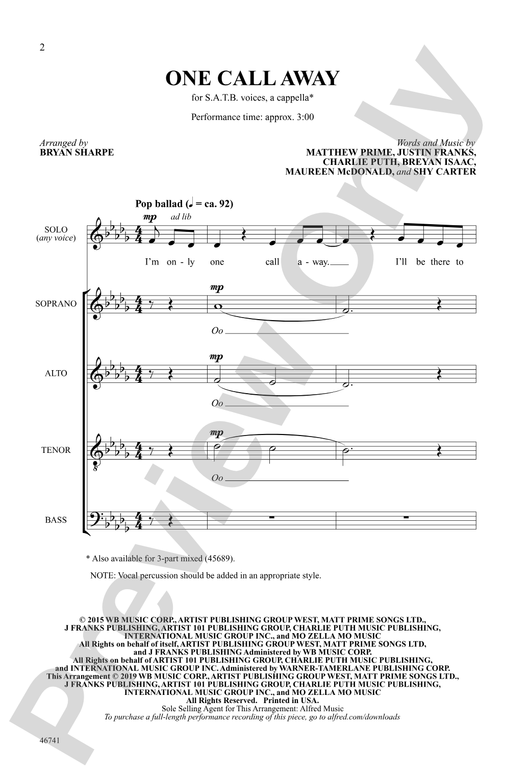 One Call Away: SATB, <i>a cappella</i> Choral Octavo
