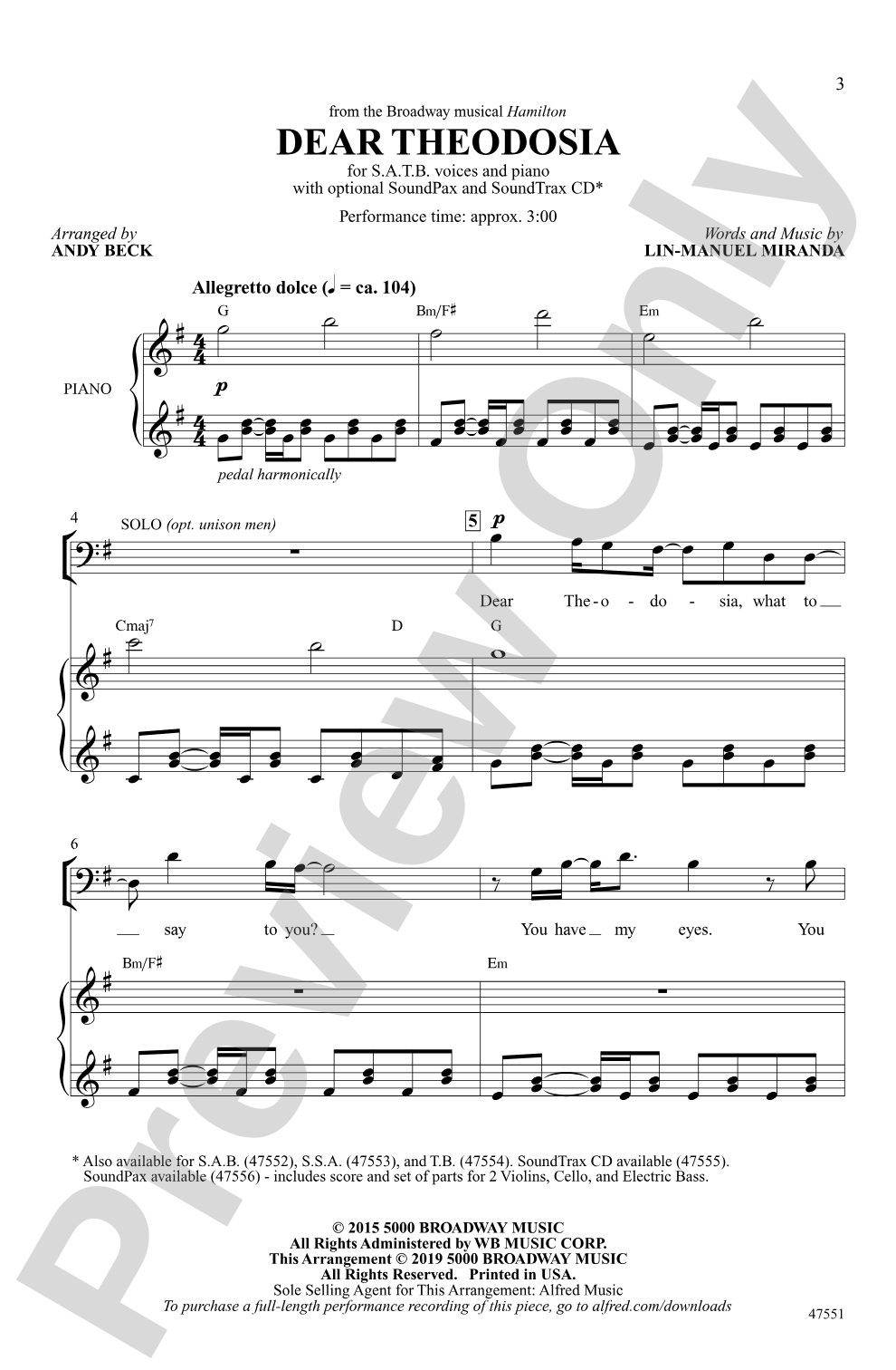 Dear Theodosia: SATB Choral Octavo