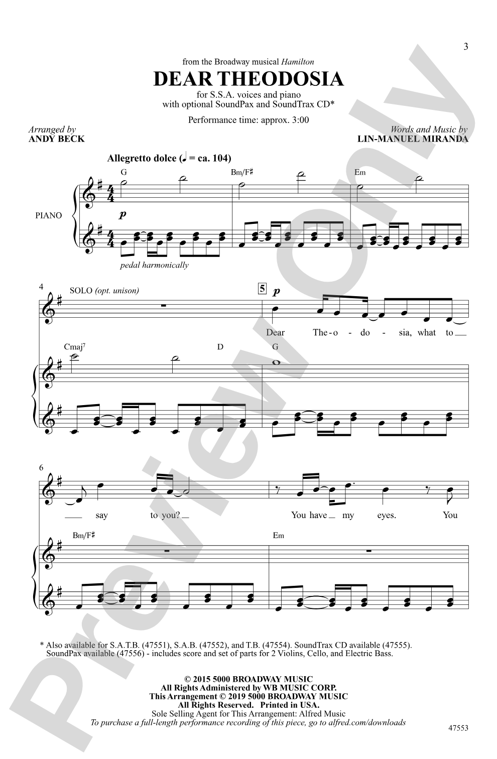 Dear Theodosia: SSA Choral Octavo