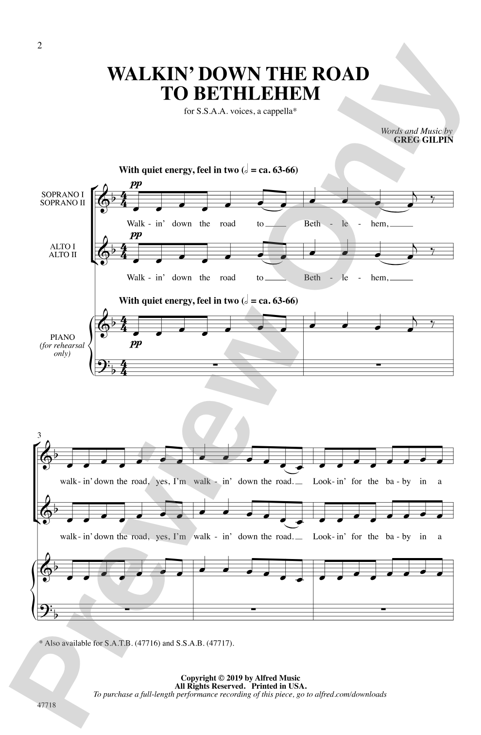 Walkin' Down the Road to Bethlehem: SSAA, <I>a cappella</I> Choral Octavo