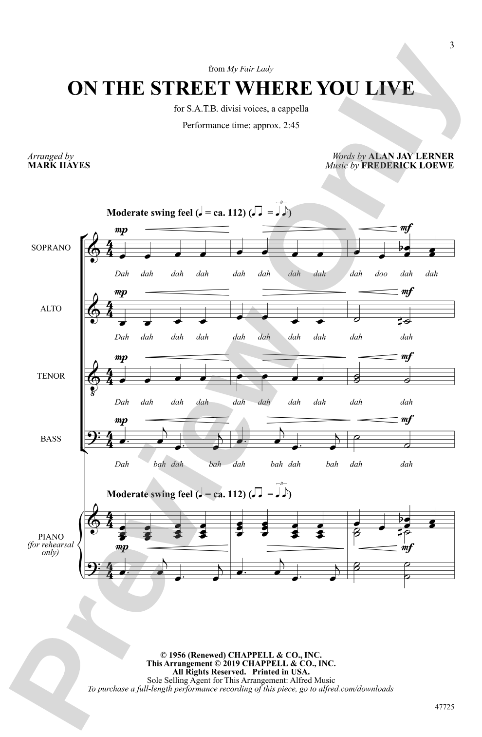 On the Street Where You Live: SATB divisi, <I>a cappella</I> Choral Octavo