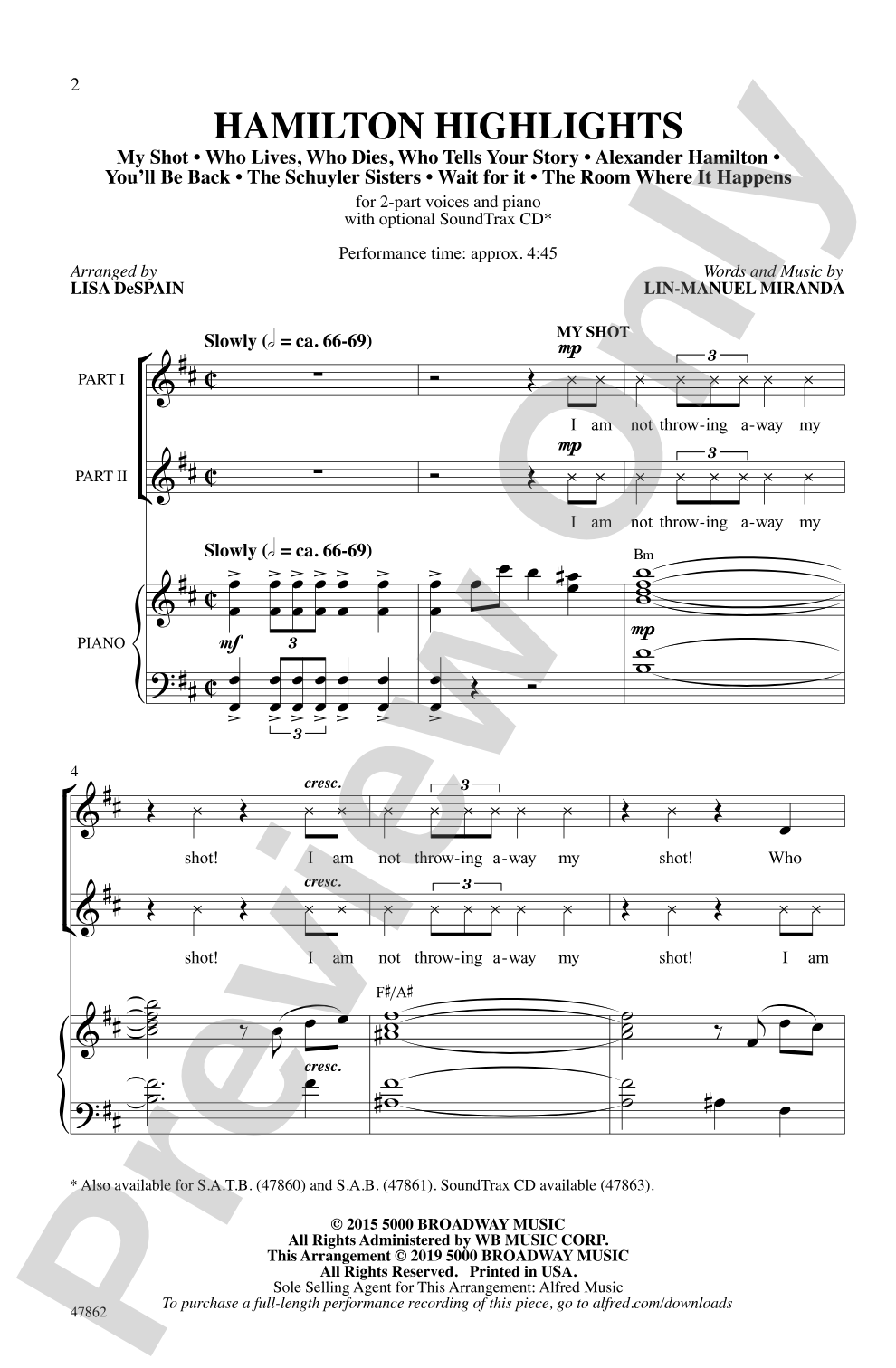 Hamilton Highlights: 2-Part Choral Octavo