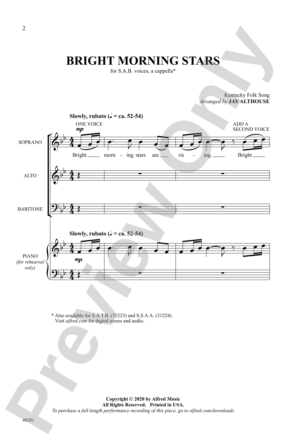 Bright Morning Stars: SAB, <I>a cappella</I> Choral Octavo