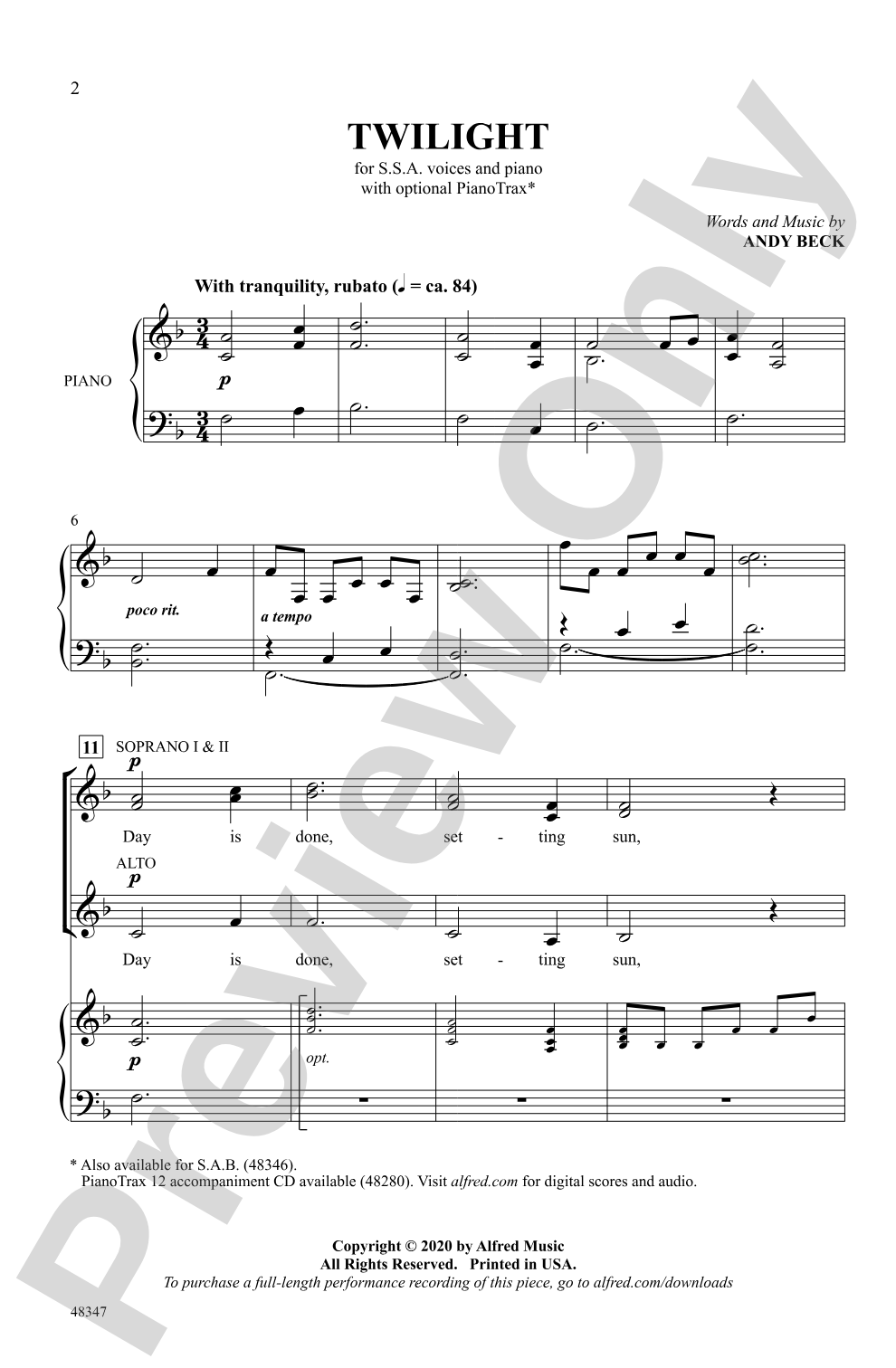 Twilight: SSA Choral Octavo