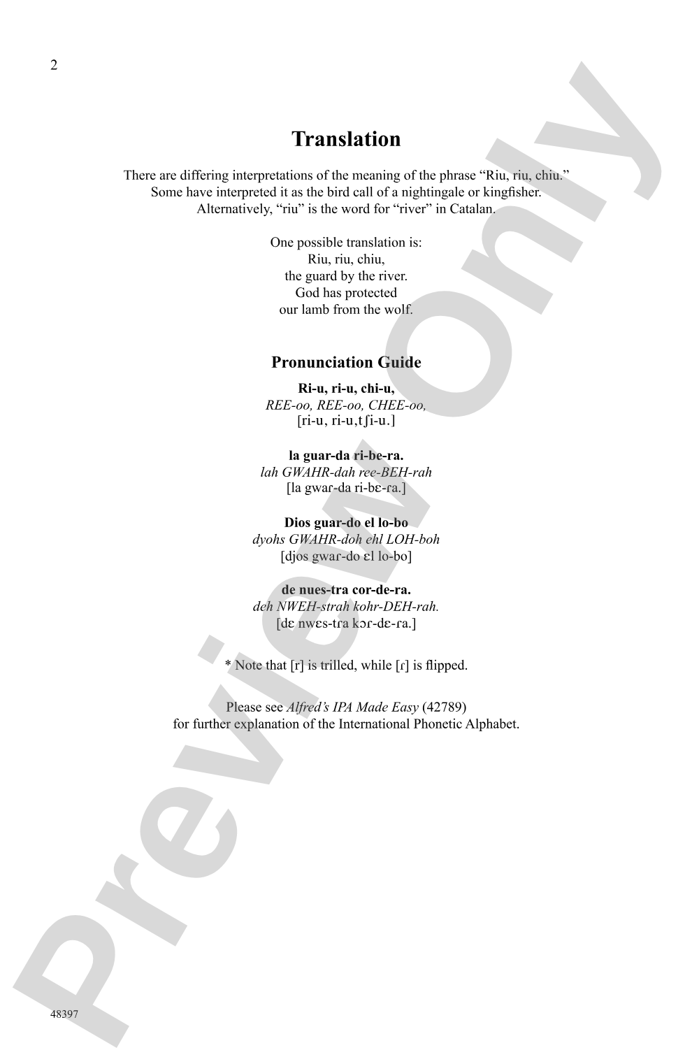 Riu, Riu, Chiu: SSAB, <I>a cappella</I> Choral Octavo