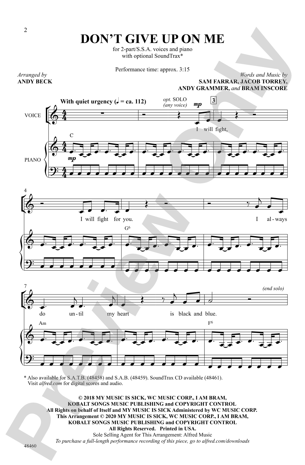 Don't Give Up on Me: 2-Part / SSA Choral Octavo
