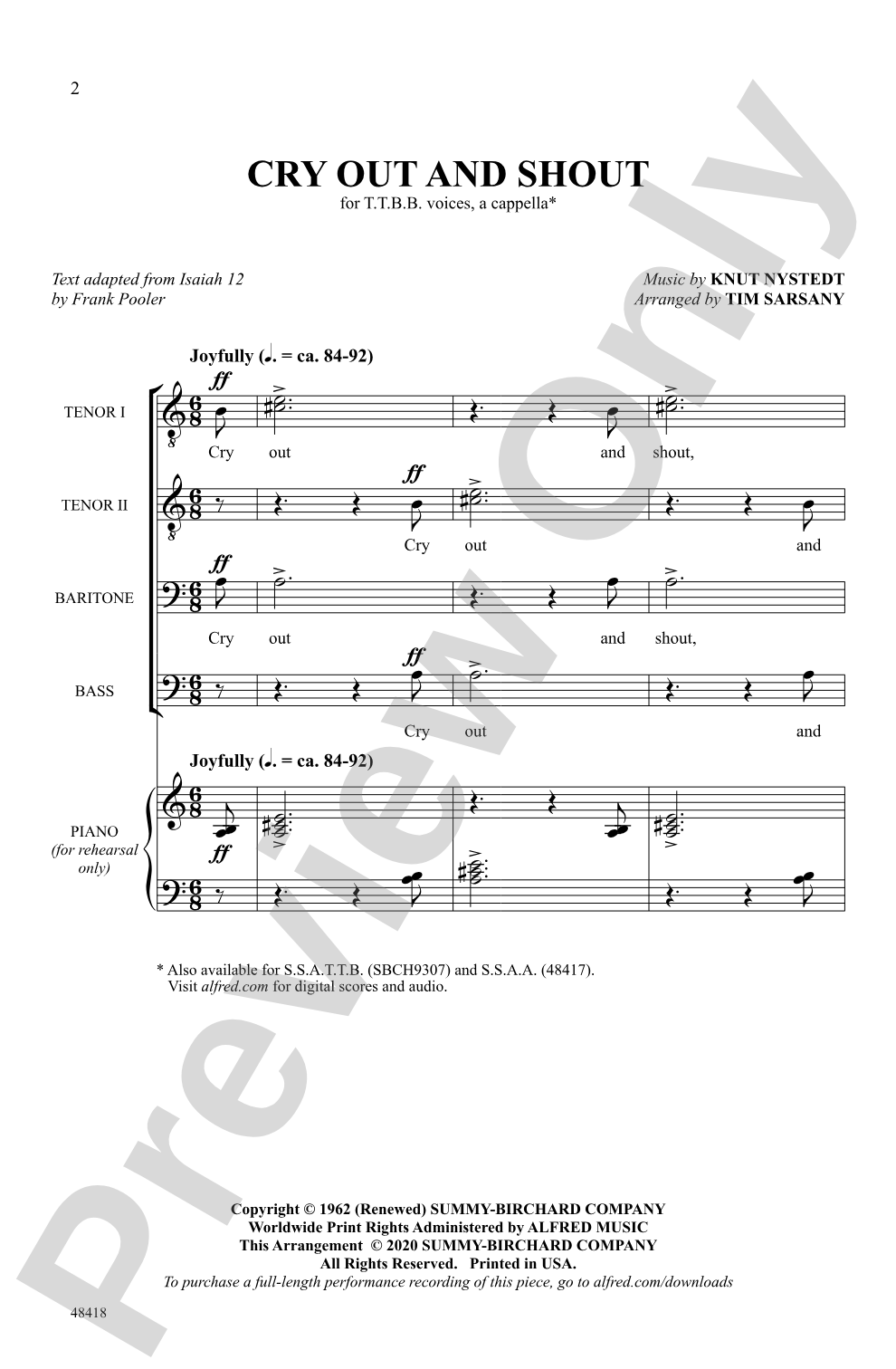 Cry Out and Shout: TTBB, <I>a cappella</I> Choral Octavo