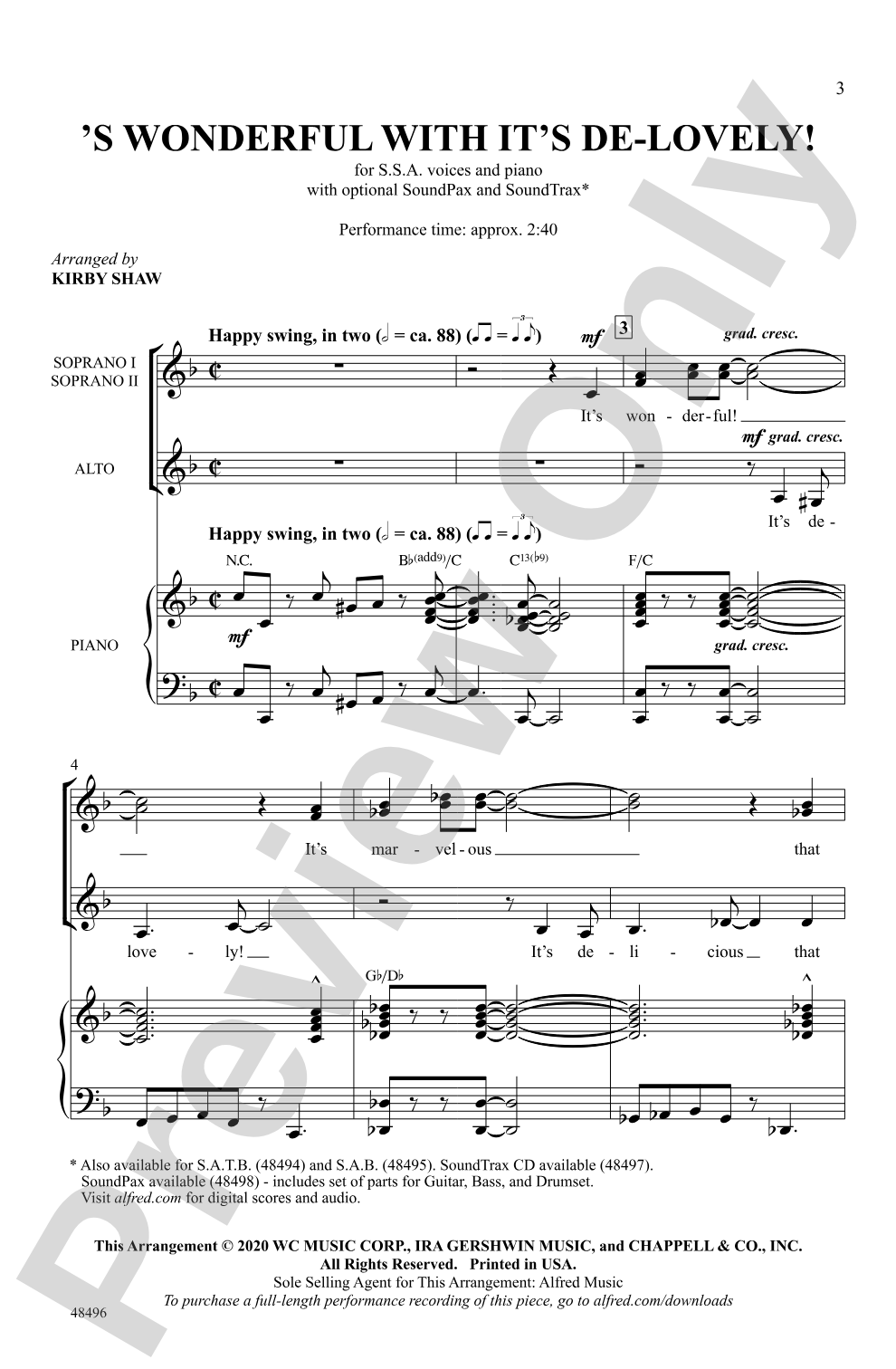 'S Wonderful with It's De-Lovely!: SSA Choral Octavo