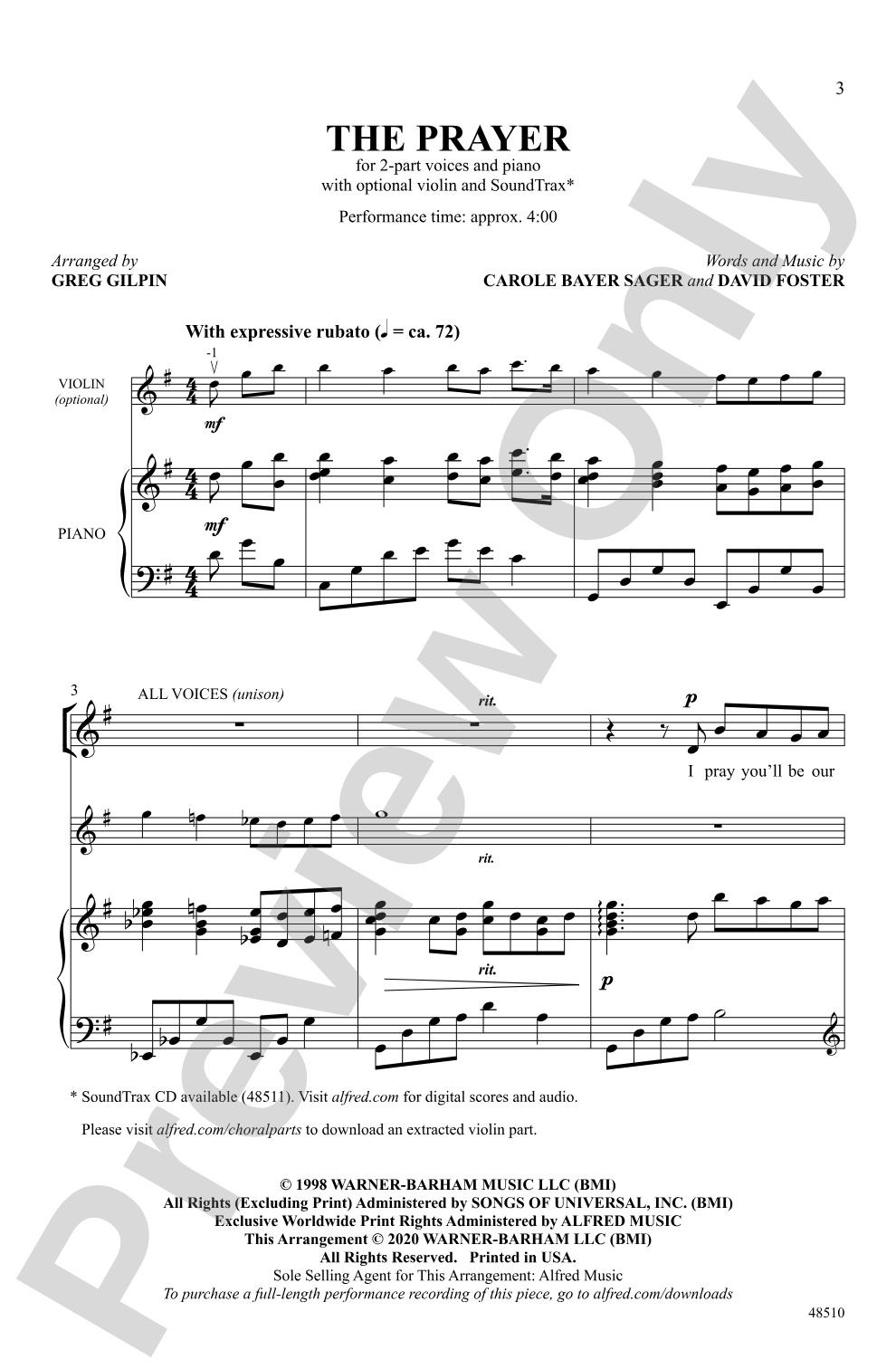 The Prayer: 2-Part Choral Octavo