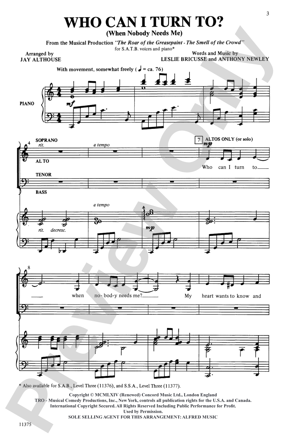 Who Can I Turn To?: SATB Choral Octavo