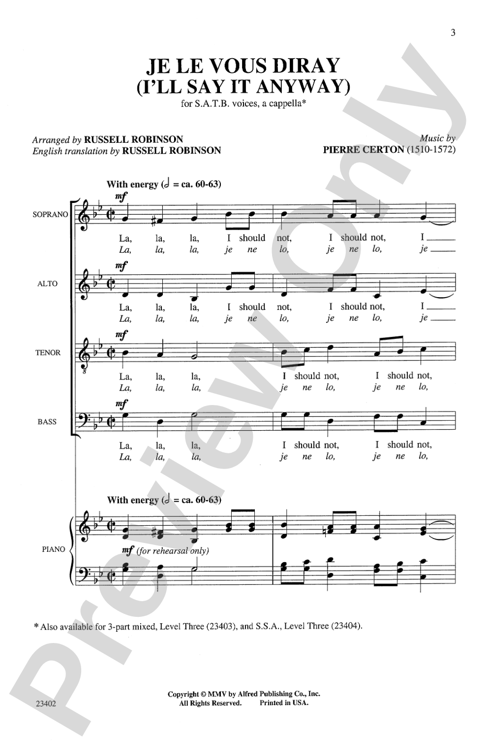 Je le Vous Diray: SATB, <I>a cappella</I> Choral Octavo