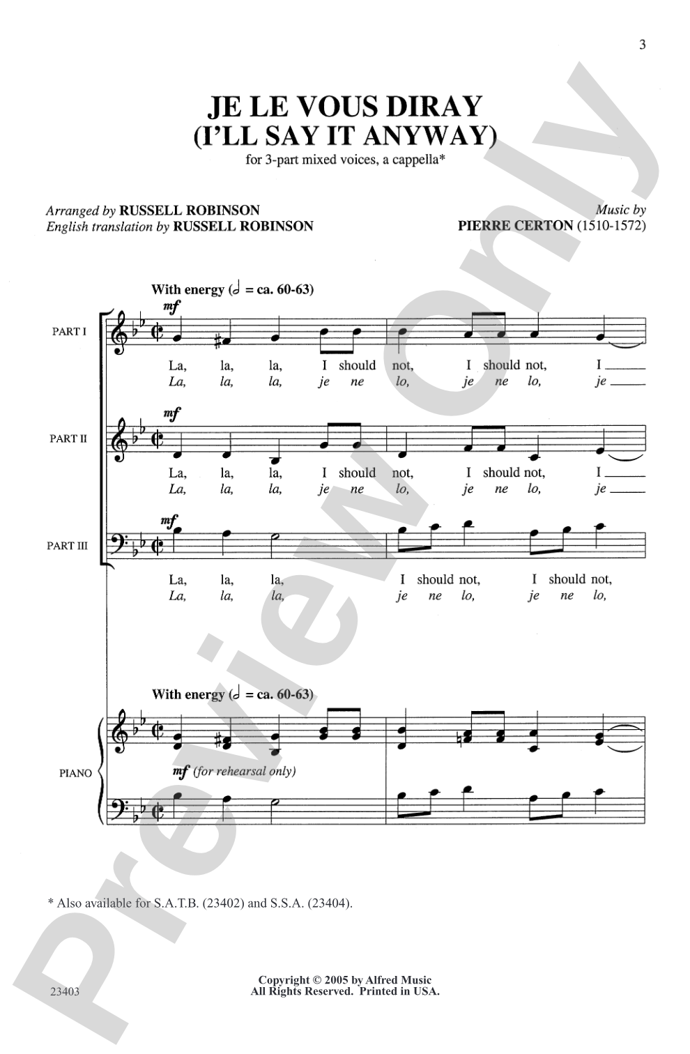 Je le Vous Diray: 3-Part Mixed, <I>a cappella</I> Choral Octavo