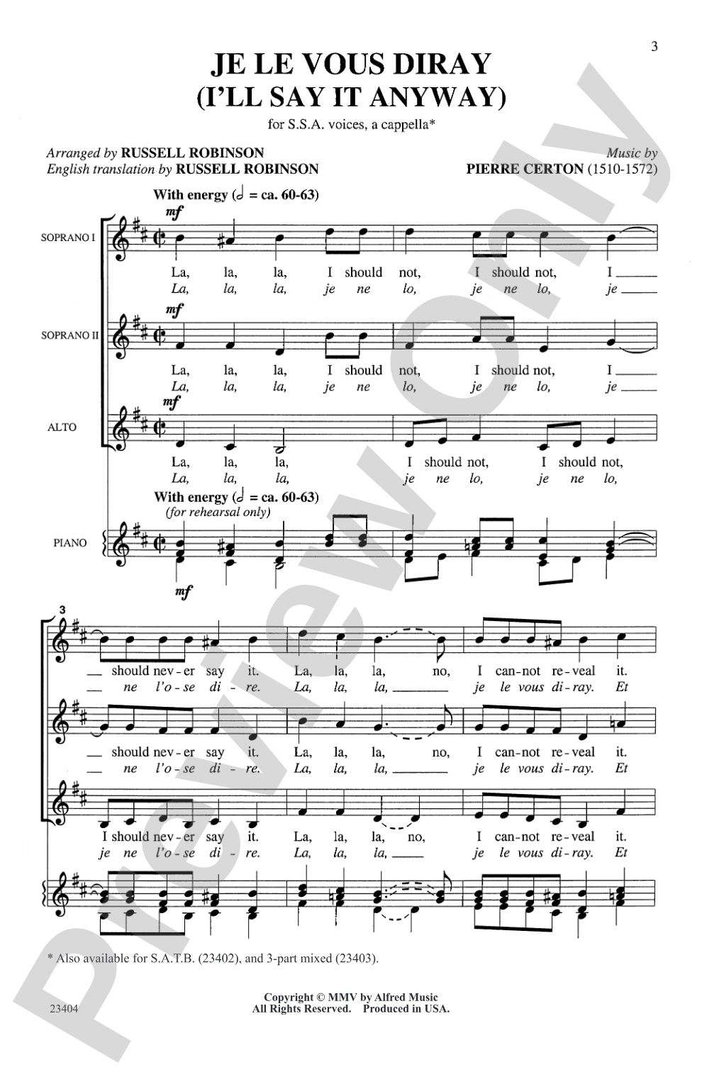 Je le Vous Diray: SSA, <I>a cappella</I> Choral Octavo