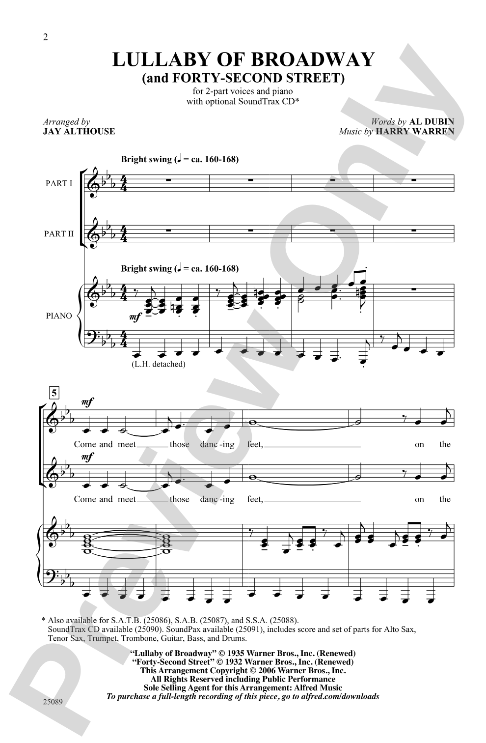 Lullaby of Broadway (and "Forty-Second Street"): 2-Part Choral Octavo