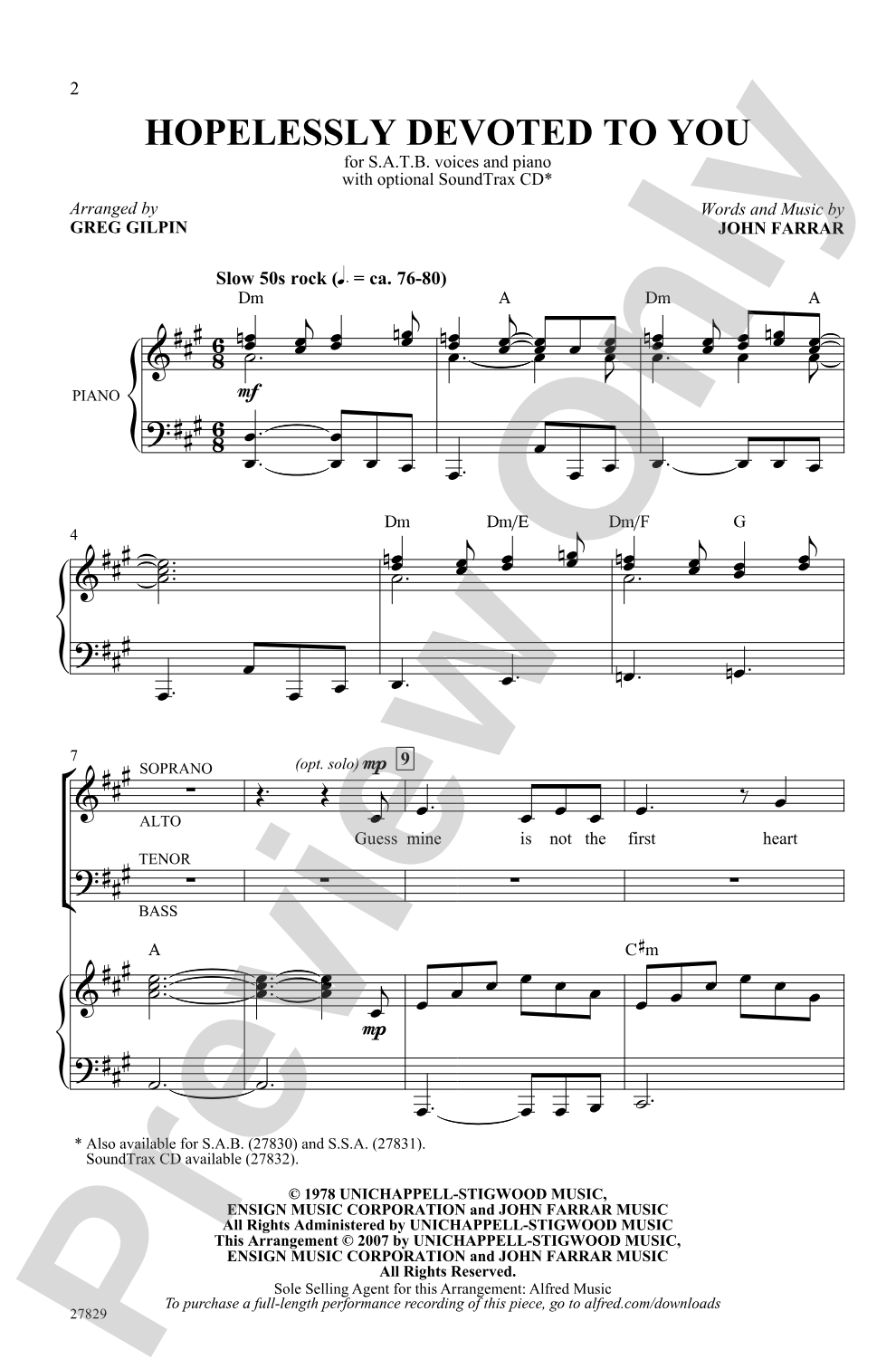 Hopelessly Devoted to You: SATB Choral Octavo