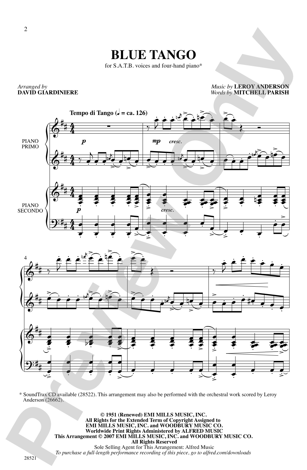 Blue Tango: SATB Choral Octavo