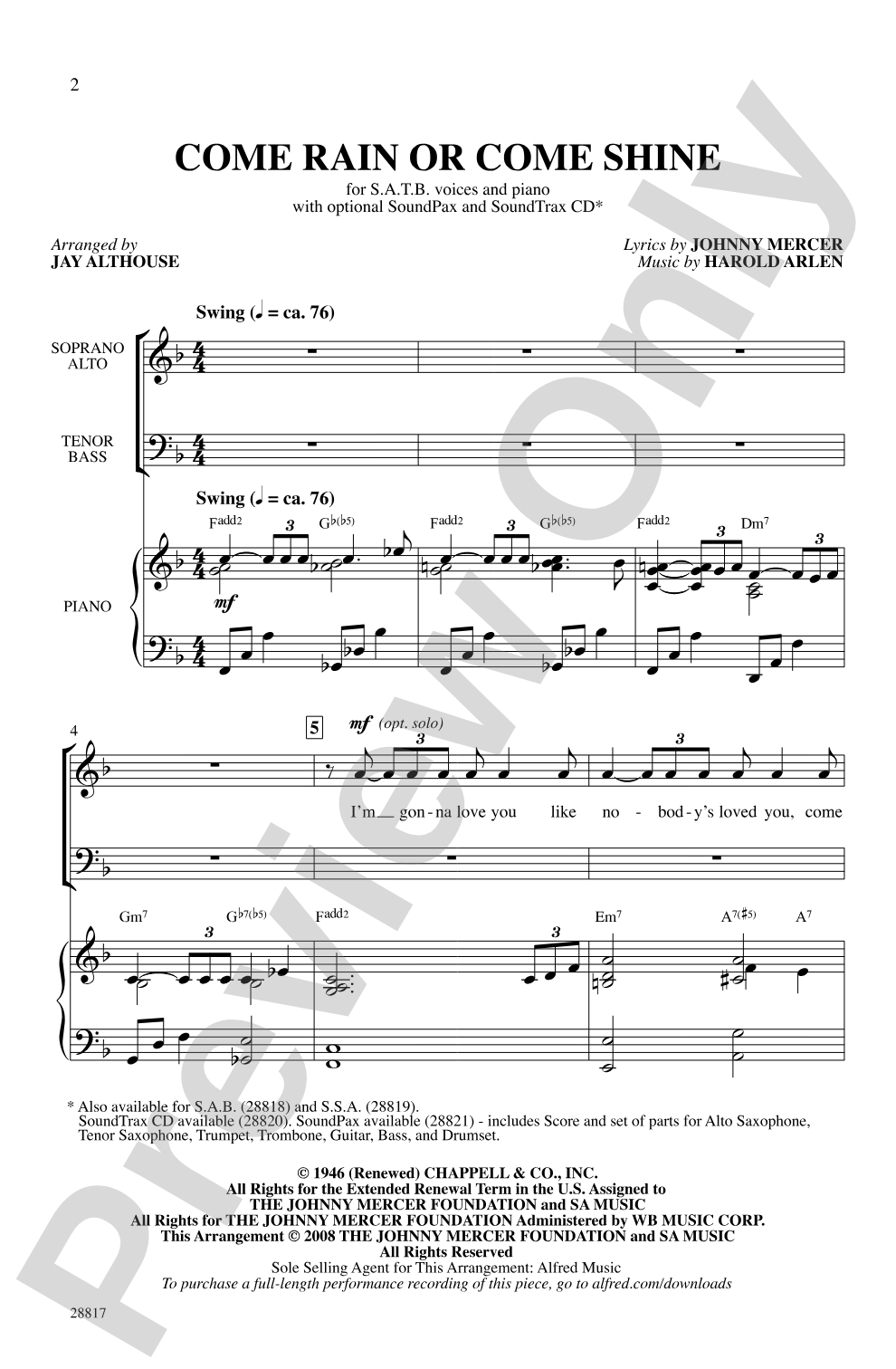 Come Rain or Come Shine: SATB Choral Octavo