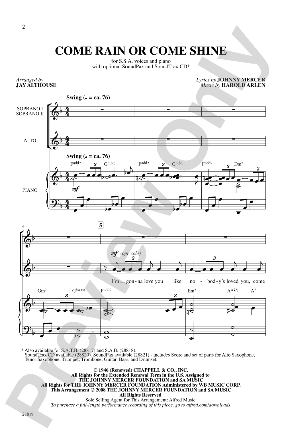 Come Rain or Come Shine: SSA Choral Octavo
