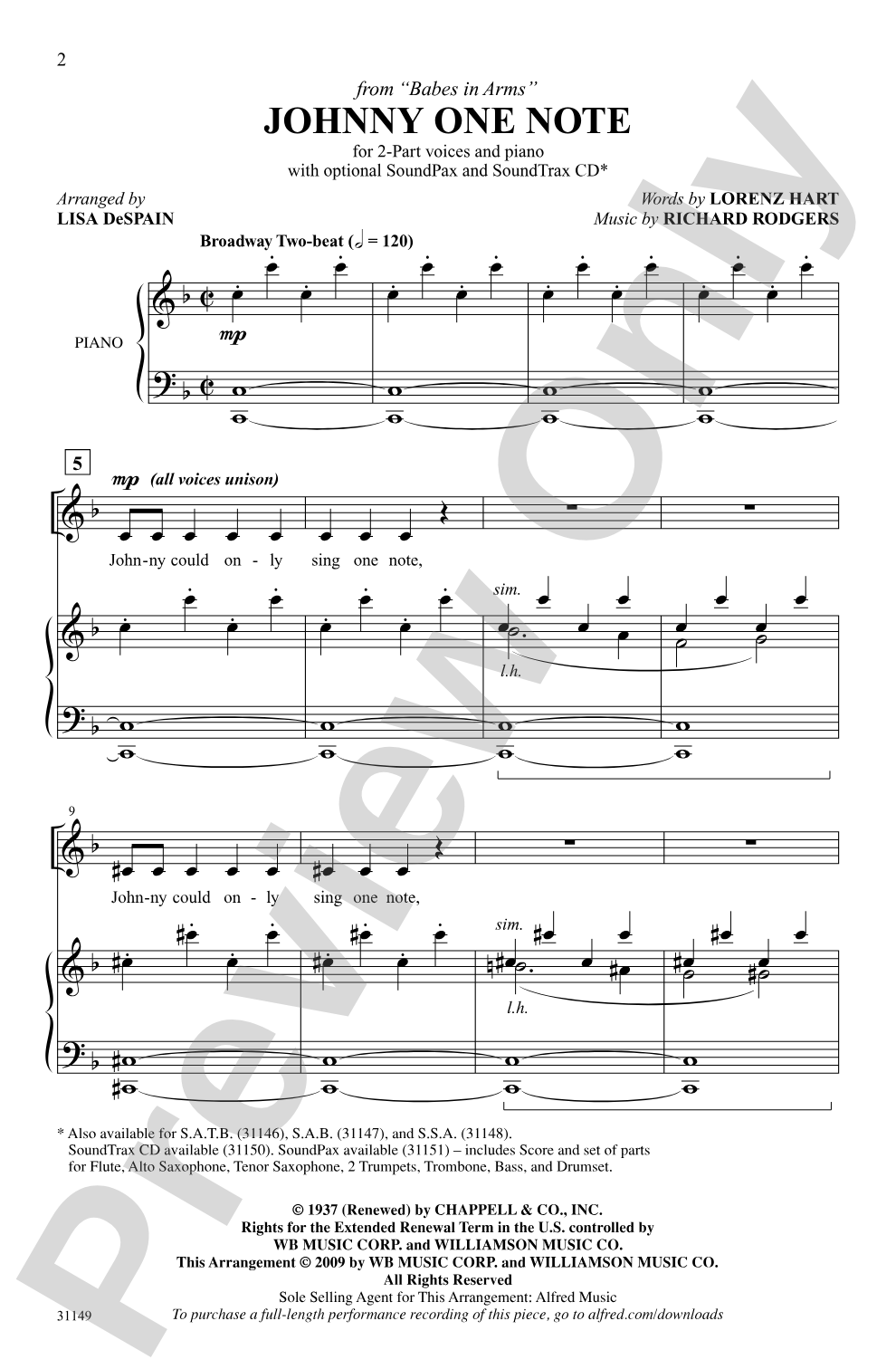 Johnny One Note: 2-Part Choral Octavo