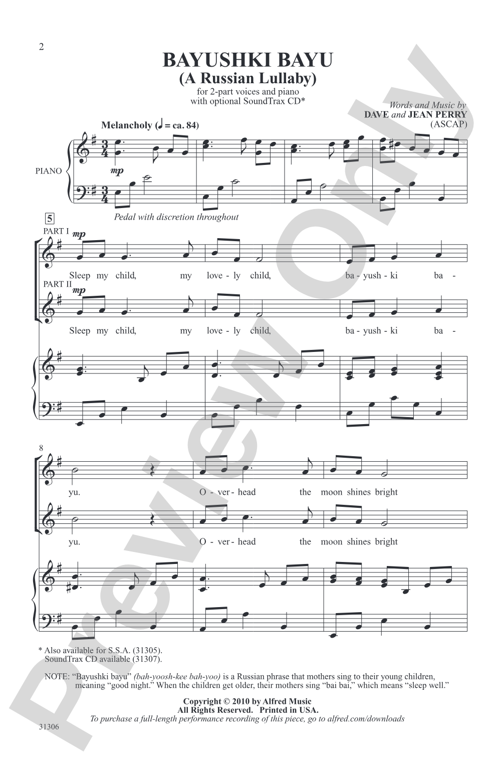 Bayushki Bayu (A Russian Lullaby): 2-Part Choral Octavo