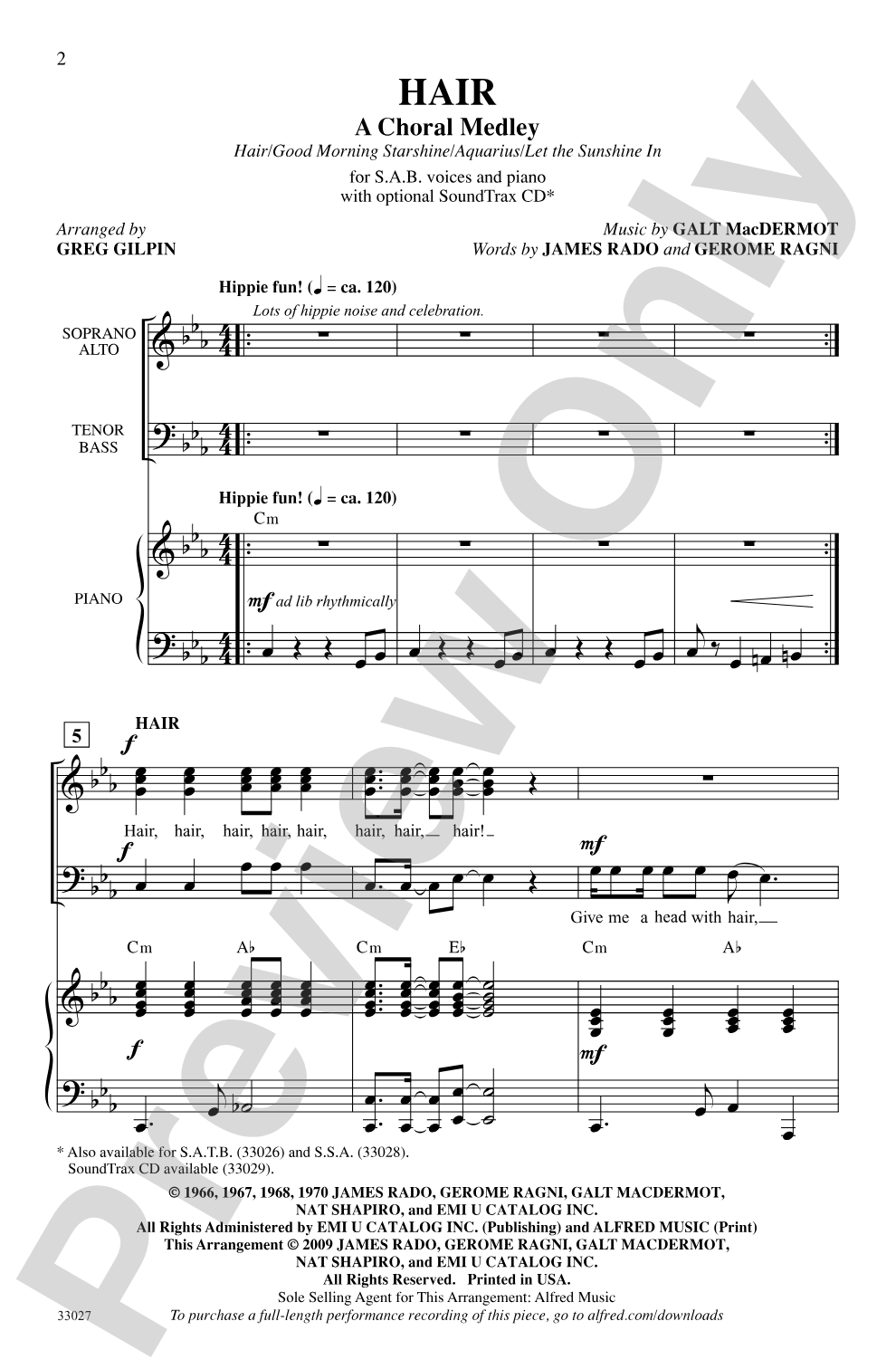 Hair: A Choral Medley: SAB Choral Octavo