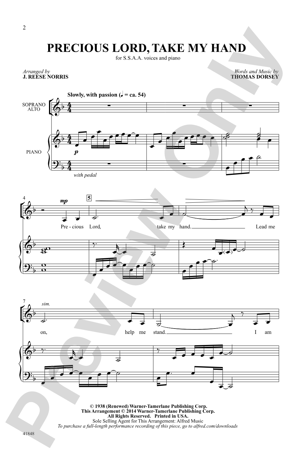 Precious Lord, Take My Hand: SSAA Choral Octavo