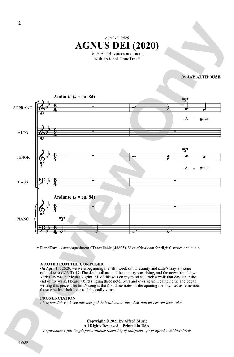 Agnus Dei 2020: SATB Choral Octavo