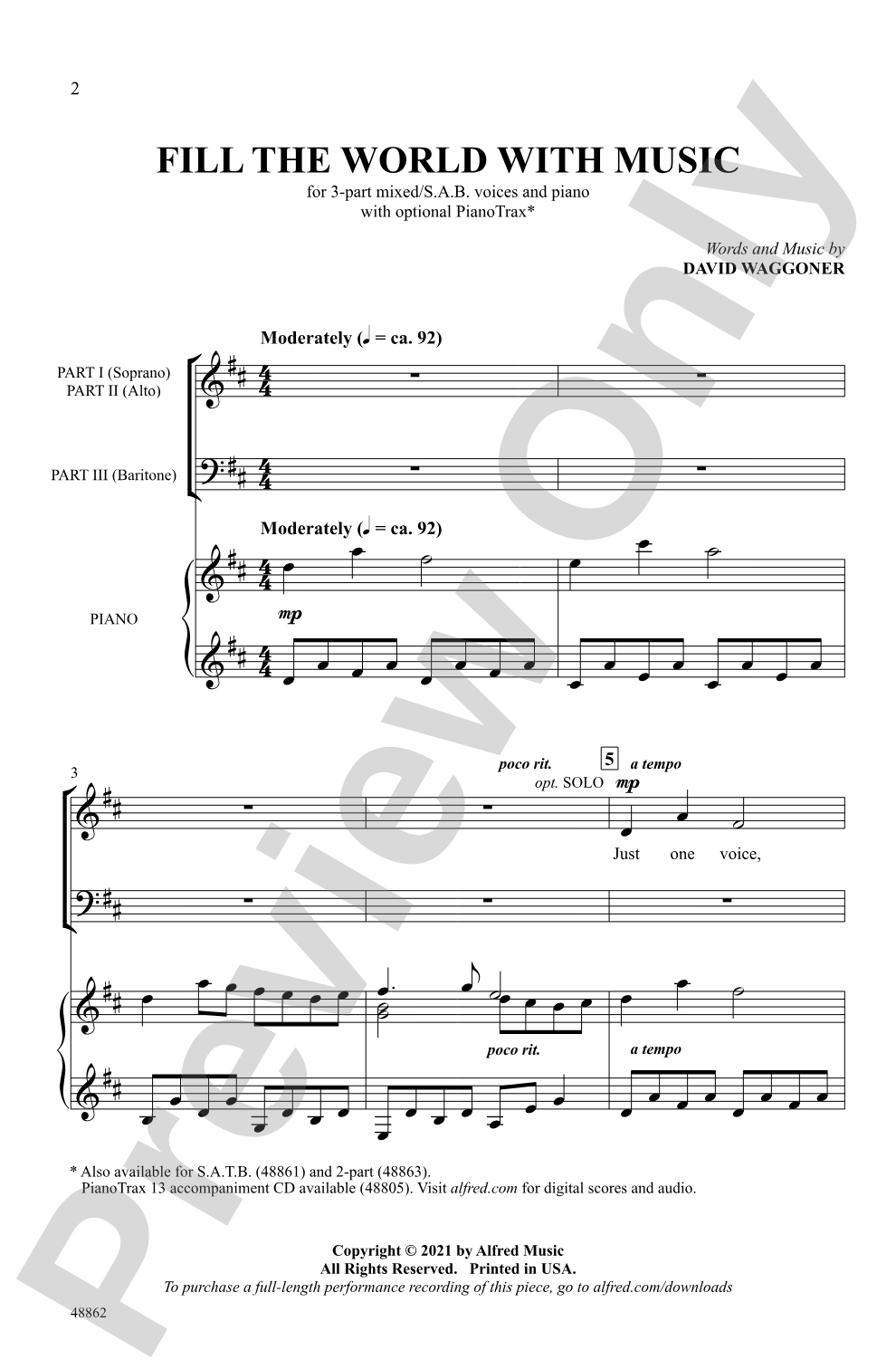 Fill the World with Music: 3-Part Mixed / SAB Choral Octavo